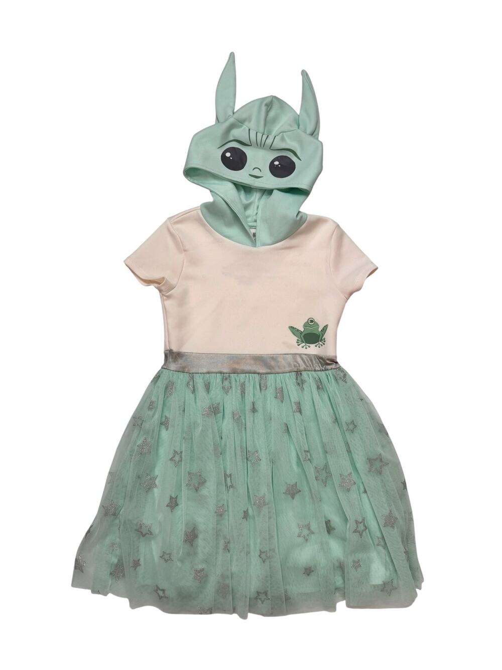 MAD ENGINE Girls Grogu Yoda Hooded Dress Size Medium 7-8 Mint Green White Stars
